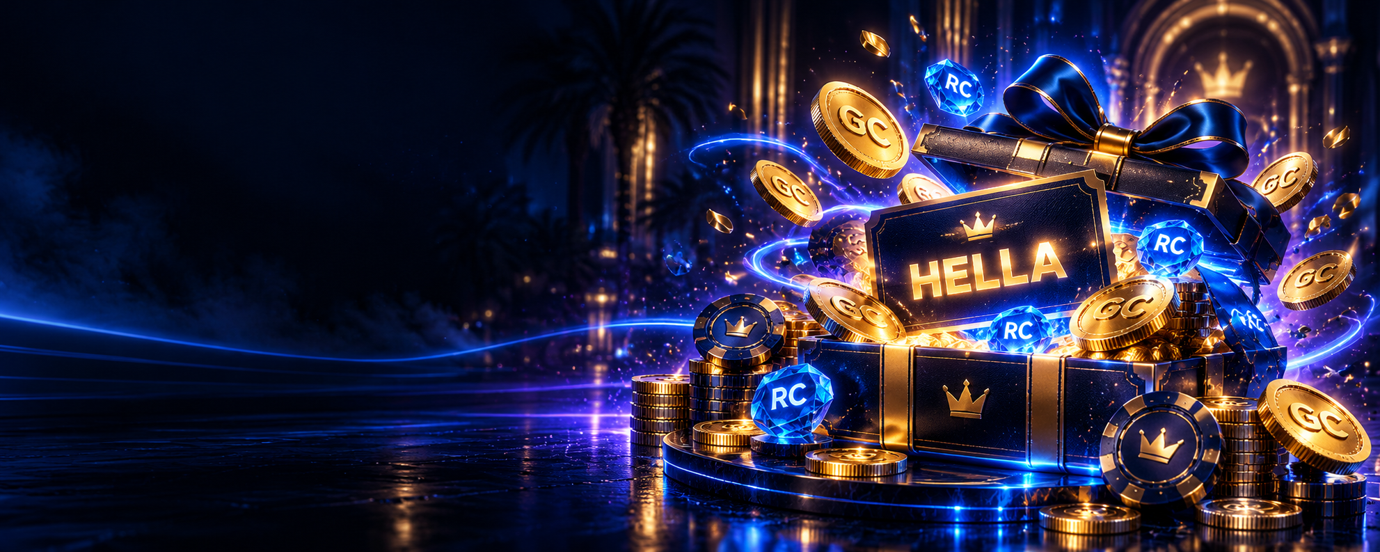 Rainbet.us bonus gift box with HELLA promo code, Gold Coins, and Rainbet Cash illustration
