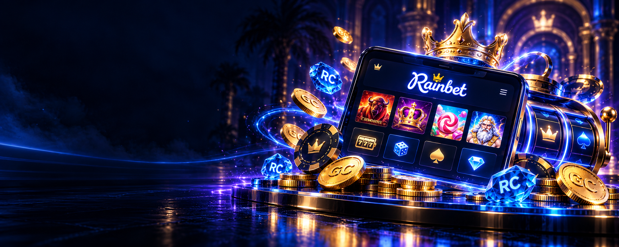 Rainbet.us mobile casino-style games with Gold Coins and Rainbet Cash illustration